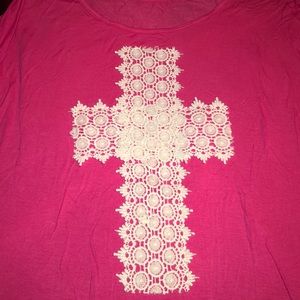 Pink T-shirt with lace cross attached